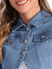 Collared Button Down Long Sleeve Denim Crop Jean Jacket