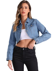 Collared Button Down Long Sleeve Denim Crop Jean Jacket