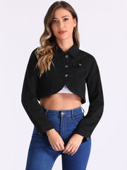 Collared Button Down Long Sleeve Denim Crop Jean Jacket