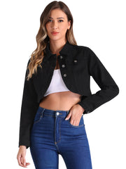 Collared Button Down Long Sleeve Denim Crop Jean Jacket