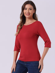 Casual Boat Neck 3/4 Sleeve Solid Basic T-shirt