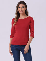 Casual Boat Neck 3/4 Sleeve Solid Basic T-shirt