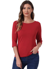 Casual Boat Neck 3/4 Sleeve Solid Basic T-shirt