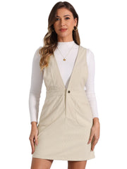 Corduroy Overall V Neck Strap Mini Pinafore Dress