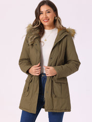 Long Sleeves Windproof Faux Fur Hooded Parka Jacket