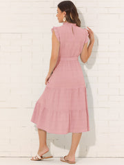 Mock Neck Ruffled Textured Cap Sleeve Tiered Midi Dress
