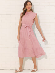 Mock Neck Ruffled Textured Cap Sleeve Tiered Midi Dress