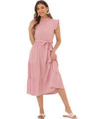 Mock Neck Ruffled Textured Cap Sleeve Tiered Midi Dress