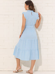 Mock Neck Ruffled Textured Cap Sleeve Tiered Midi Dress