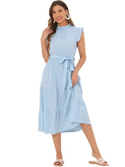 Mock Neck Ruffled Textured Cap Sleeve Tiered Midi Dress