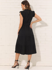 Mock Neck Ruffled Textured Cap Sleeve Tiered Midi Dress