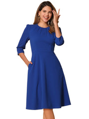 3/4 Sleeve Pleated Round Neck Pocketed A-Line Swing Midi Dress