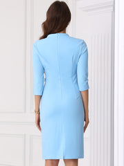 Notch Neck 3/4 Sleeve Slit Midi Work Sheath Dress