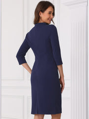 Notch Neck 3/4 Sleeve Slit Midi Work Sheath Dress