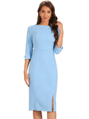 Work Boat Neck 3/4 Sleeves Midi Split Sheath Dress