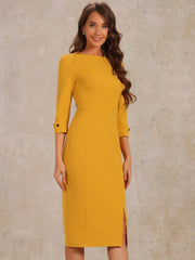Work Boat Neck 3/4 Sleeves Midi Split Sheath Dress