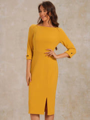 Work Boat Neck 3/4 Sleeves Midi Split Sheath Dress