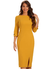 Work Boat Neck 3/4 Sleeves Midi Split Sheath Dress