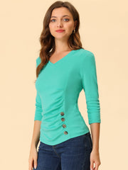 V Neck 3/4 Sleeves Solid Knitted Button Decor Ruched Blouse