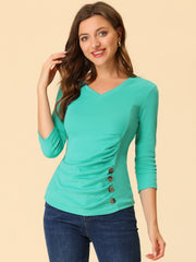 V Neck 3/4 Sleeves Solid Knitted Button Decor Ruched Blouse