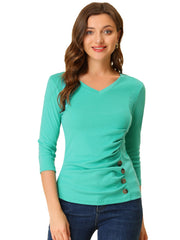 V Neck 3/4 Sleeves Solid Knitted Button Decor Ruched Blouse