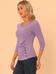 V Neck 3/4 Sleeves Solid Knitted Button Decor Ruched Blouse