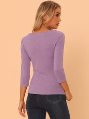 V Neck 3/4 Sleeves Solid Knitted Button Decor Ruched Blouse