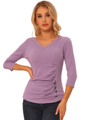 V Neck 3/4 Sleeves Solid Knitted Button Decor Ruched Blouse
