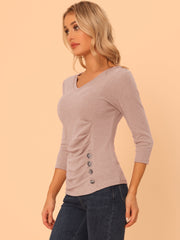 3/4 Sleeve Solid Knitted Button Decor Ruched Blouse