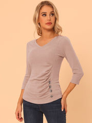 3/4 Sleeve Solid Knitted Button Decor Ruched Blouse
