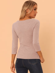 3/4 Sleeve Solid Knitted Button Decor Ruched Blouse