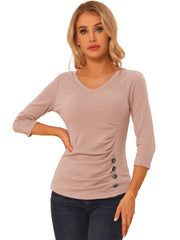 3/4 Sleeve Solid Knitted Button Decor Ruched Blouse