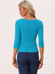 V Neck 3/4 Sleeves Solid Knitted Button Decor Ruched Blouse