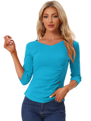 V Neck 3/4 Sleeves Solid Knitted Button Decor Ruched Blouse