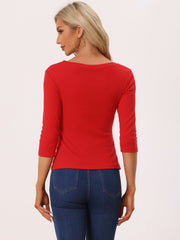 3/4 Sleeves V Neck Solid Knitted Button Decor Ruched Blouse