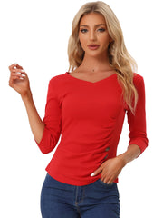 3/4 Sleeves V Neck Solid Knitted Button Decor Ruched Blouse