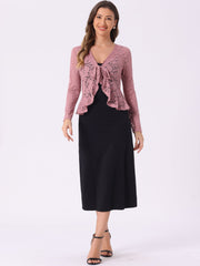 Floral Lace Shrug Tie Front Ruffled Hem Sheer Crop Bolero