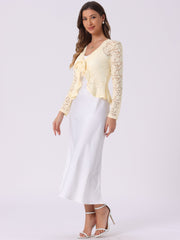 Floral Lace Shrug Tie Front Ruffled Hem Sheer Crop Bolero