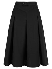 Women's A-Line Belted Waist Casual Midi Flare Pleated Skirt