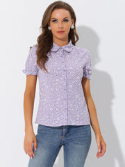 Floral Printed Peter Pan Collar Cotton Short Sleeve Shirt
