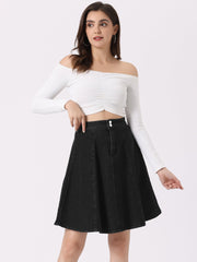 High Waisted A-Line Flared Casual Denim Midi Jean Skirt