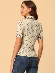 Polka Dot Peter Pan Collar Bow Tie Neck Puff Sleeve Vintage Shirt