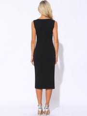Sleeveless Slit V Neck Ruched Cocktail Pencil Midi Dress
