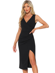 Sleeveless Slit V Neck Ruched Cocktail Pencil Midi Dress