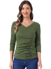 V Neck 3/4 Sleeves Solid Knitted Button Decor Ruched Blouse