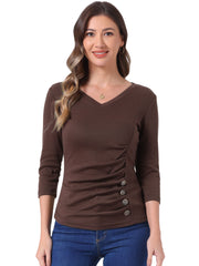 V Neck 3/4 Sleeves Solid Knitted Button Decor Ruched Blouse