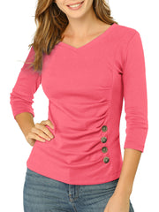 V Neck 3/4 Sleeves Solid Knitted Button Decor Ruched Blouse