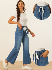 Casual Denim Pants Drawstring Elastic Waist Wide Legs Jeans