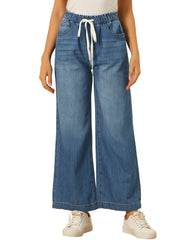 Casual Denim Pants Drawstring Elastic Waist Wide Legs Jeans