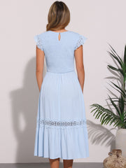 Cap Sleeve Lace Trim Smocked Ruffle Flowy Beach Dress